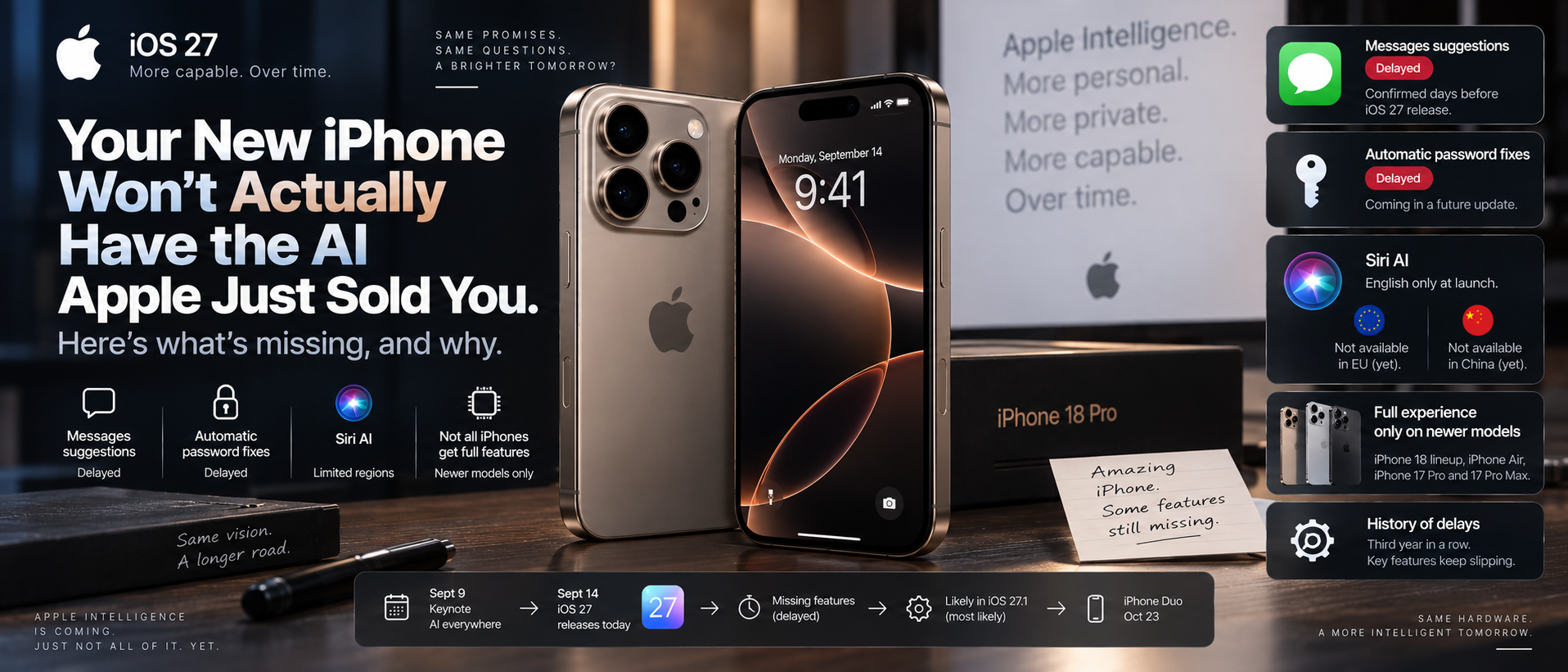 Your New iPhone Won't Actually Have the AI Apple Just Sold You. Here's What's Missing, and Why.